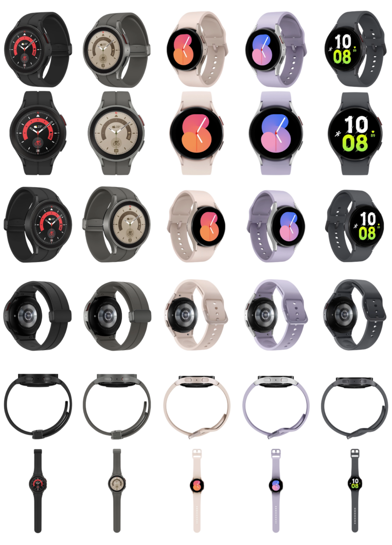 Galaxy Watch 5 Pro (duas primeiras fileiras) e Galaxy Watch 5 (Imagem: Reprodução/91Mobiles) 