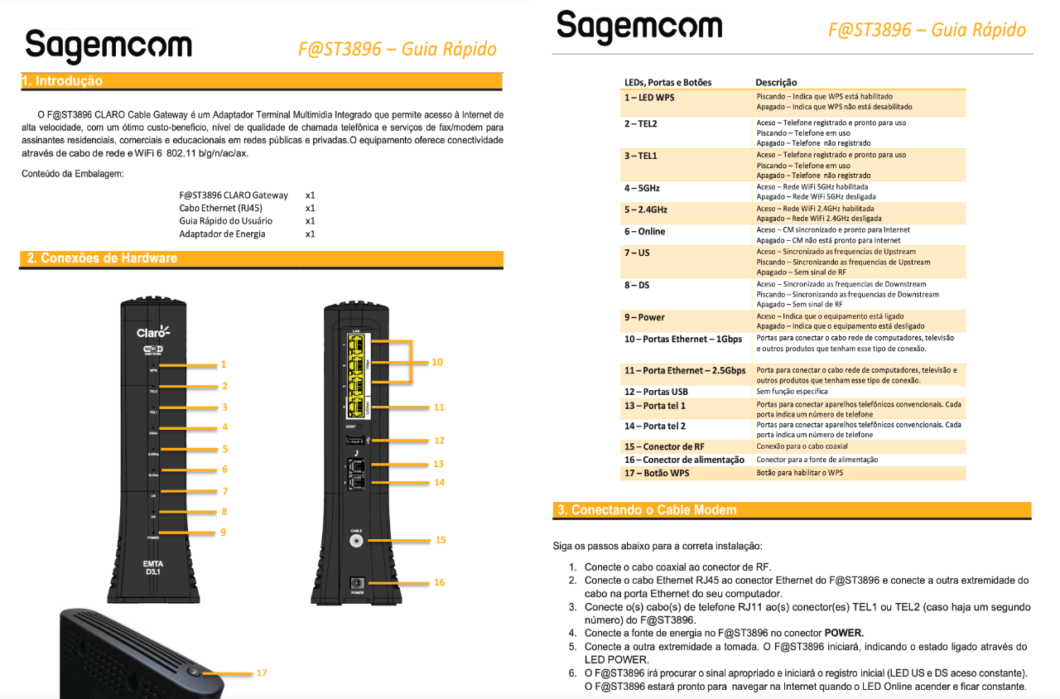 Manual do modem indica porta Ethernet 2,5 Gb/s