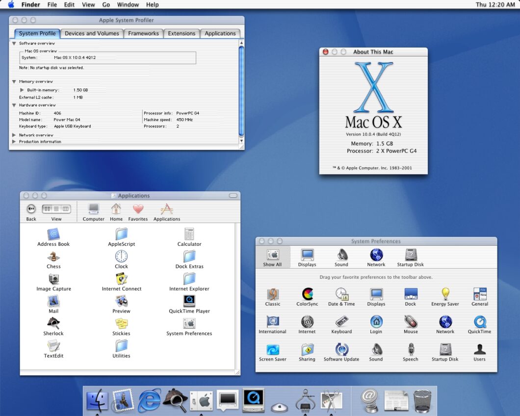 Olha o Mac OS X 10.0 aí; repare no efeito "gota d'água" em alguns elementos (imagem: reprodução/MacRumors)