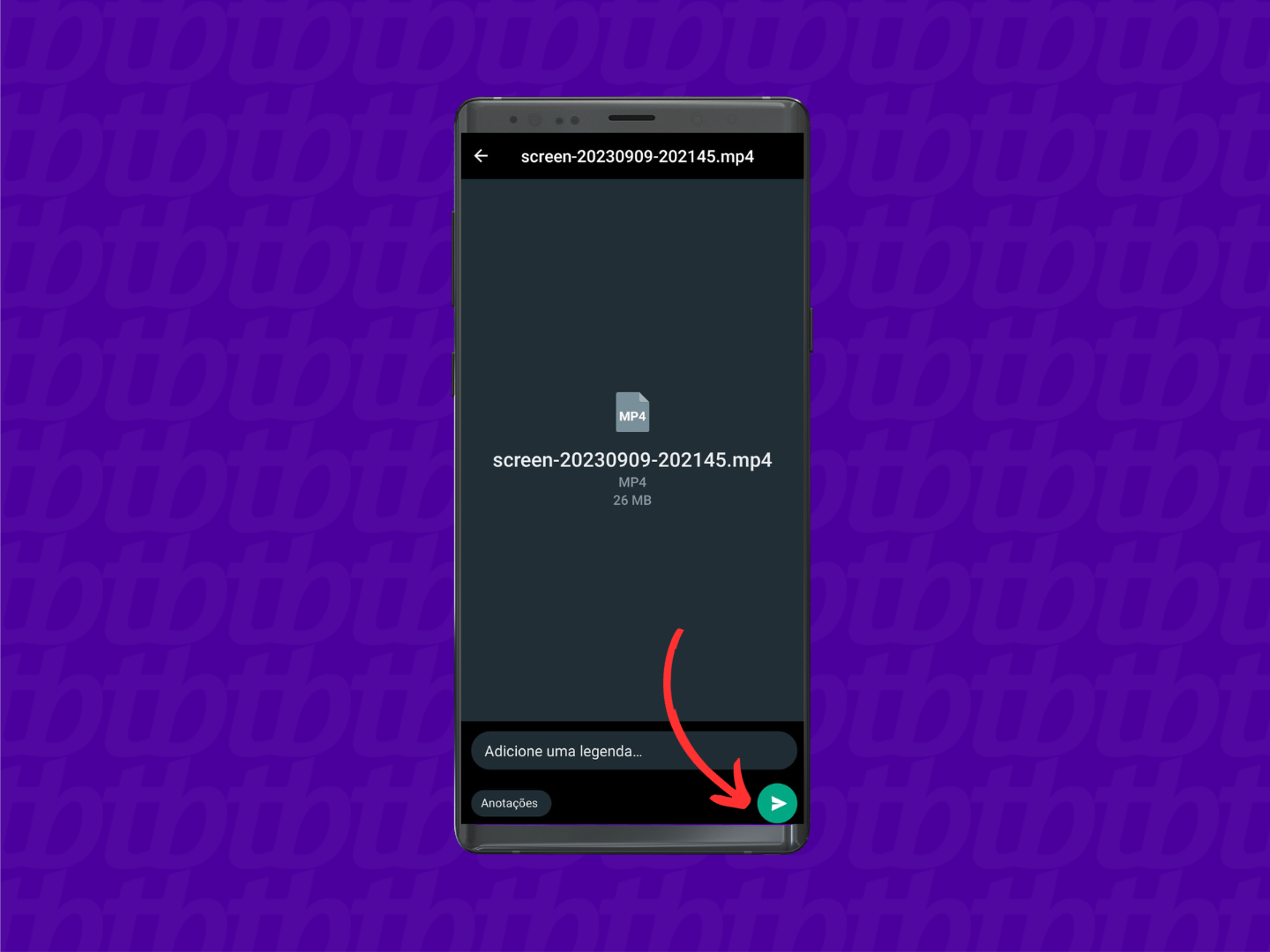 Mockup de celular Android com print de tela de uma conversa de WhatsApp. Uma seta indica o botão enviar, localizado no canto inferior direito.