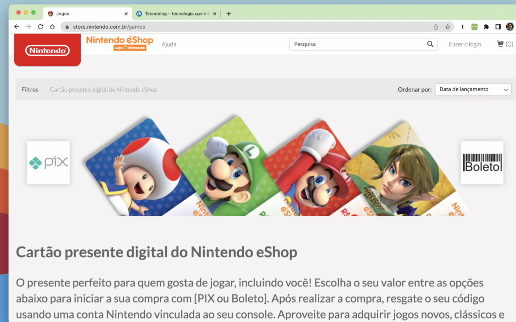 Nintendo anuncia que cartão presente digital da eShop está