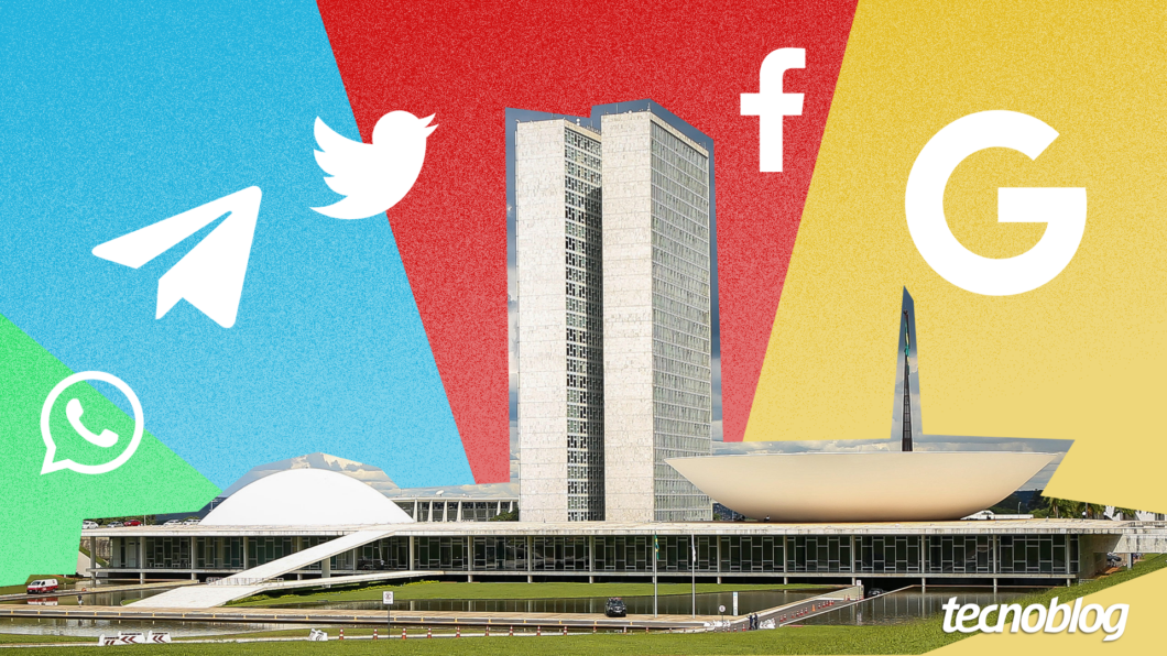 Montagem do Congresso Brasileiro cercado por ícones de Facebook, Twitter, Telegram, WhatsApp e Google.