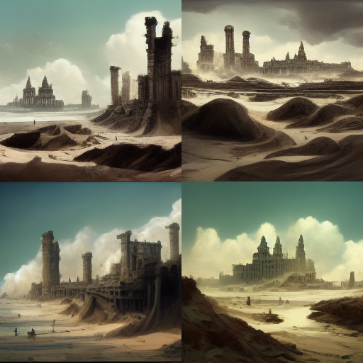"As ruínas de uma cidade outrora grandiosa, destruída pela passagem do Leviatã de areia" (Midjourney)