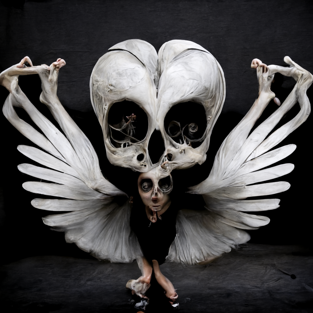 "Caveira fotorrealista com asas dança com uma mulher no estilo de Tim Burton". Prompt: Vitor Pádua