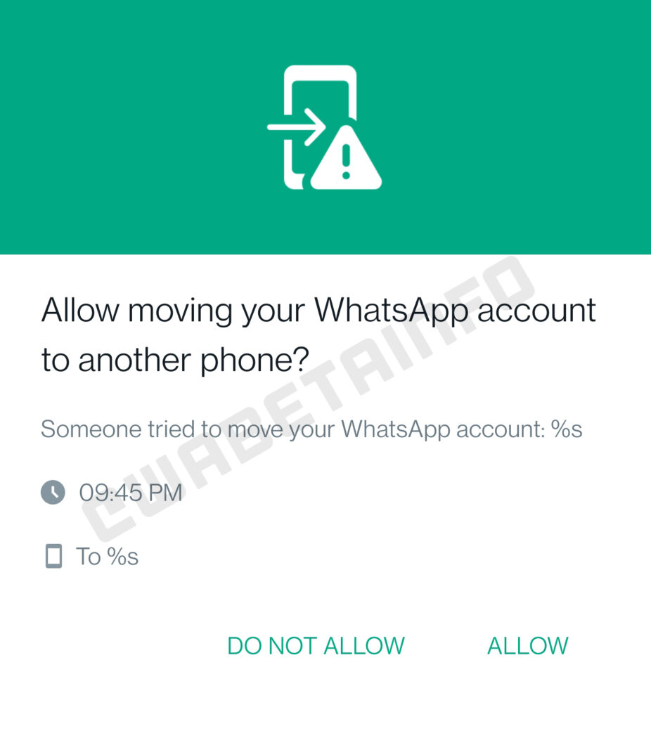 Notificação do WhatsApp ao fazer uma transferência entre dispositivos (Imagem: Reprodução/WABetaInfo)