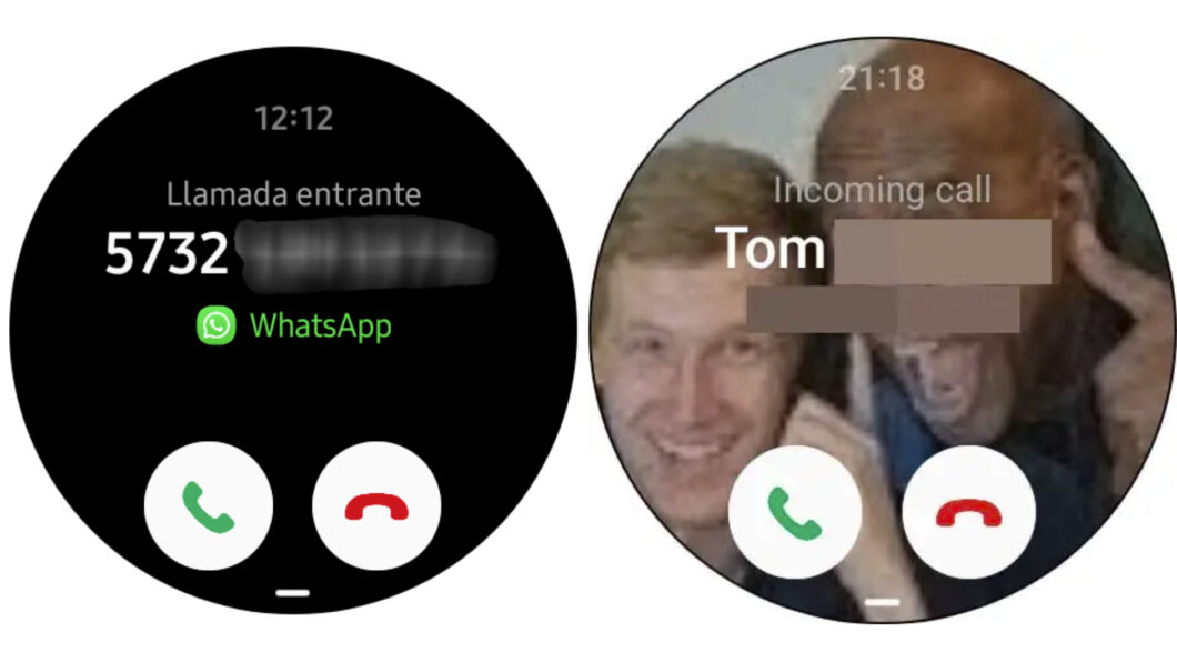 Chamada de voz do WhatsApp notificada no Galaxy Watch 4 (esquerda) e Galaxy Watch 5 (direita) (Imagem: Reprodução/Reddit e 9to5Google)