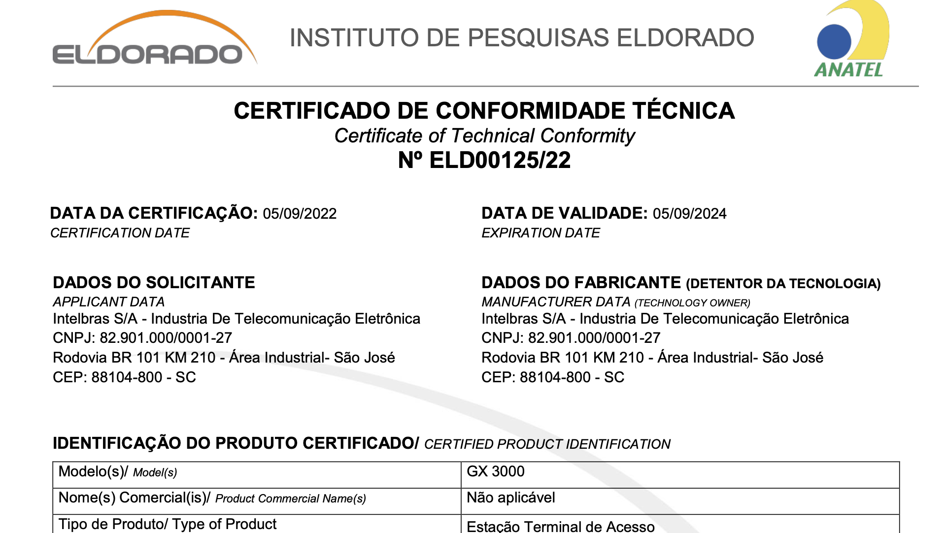 Certificado de conformidade técnica do GX 3000