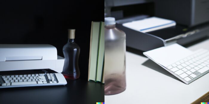 Imagens geradas com as palavras bottle, keyboard, book e printer (imagem: Emerson Alecrim/Tecnoblog)