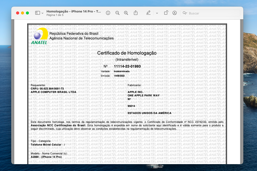 Certificado de homologação do iPhone 14 Pro na Anatel; modelo já está autorizado para venda no Brasil