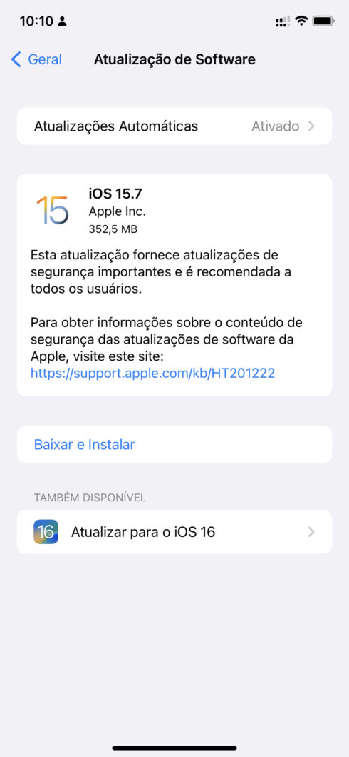 iOS 15.7 já está disponível para download; saiba como instalar (Imagem: Reprodução/Tecnoblog)