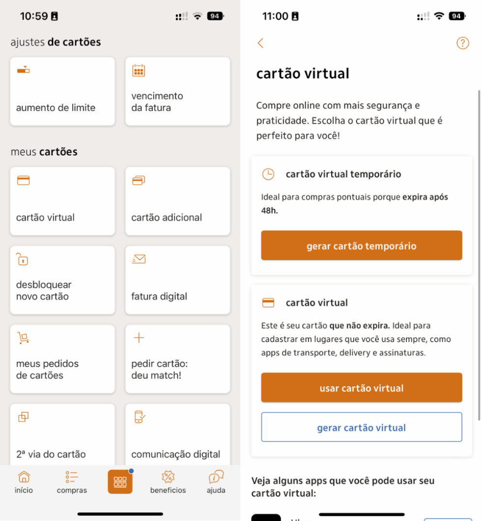 Apps do Itaú permitem criar cartões virtuais para compras pela internet (Imagem: Reprodução/Tecnoblog)