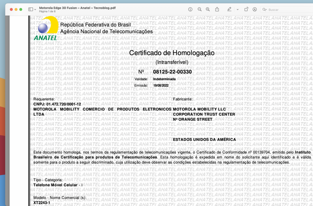 Certificado de homologação do Motorola Edge 30 Fusion (Imagem: Reprodução/Tecnoblog)