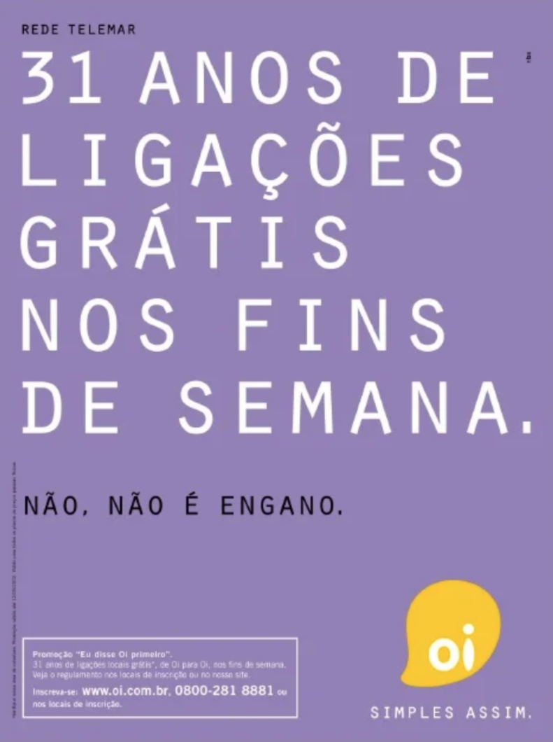 Encarte da Oi com promoção que prometia 31 anos de ligações grátis nos finais de semana