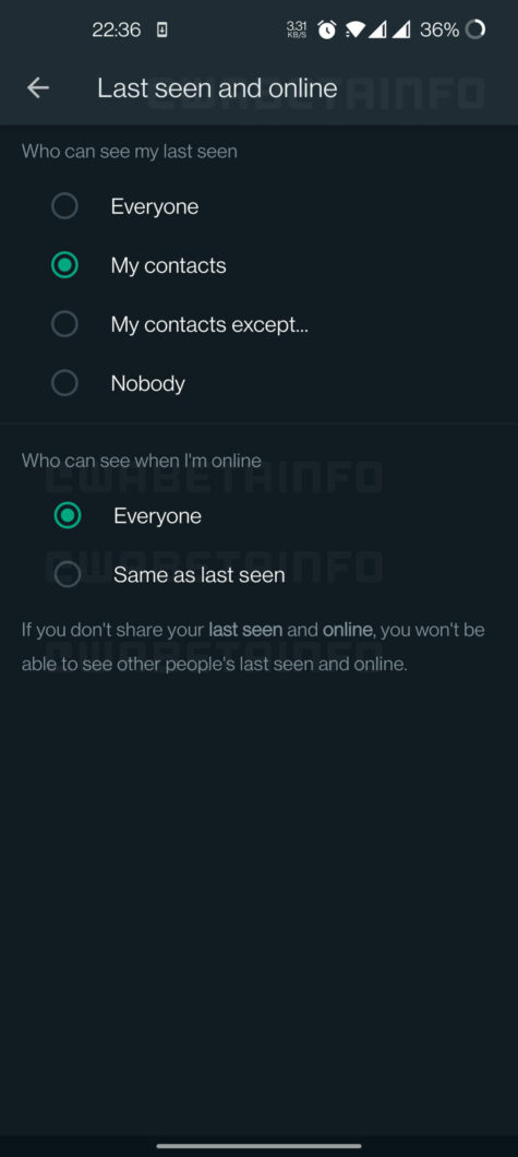 Opção para ocultar o "online" chega ao WhatsApp Beta para Android (Imagem: Reprodução/WABetaInfo)
