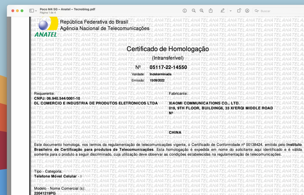 Certificado de homologação do Poco M4 5G (Imagem: Reprodução/Tecnoblog)