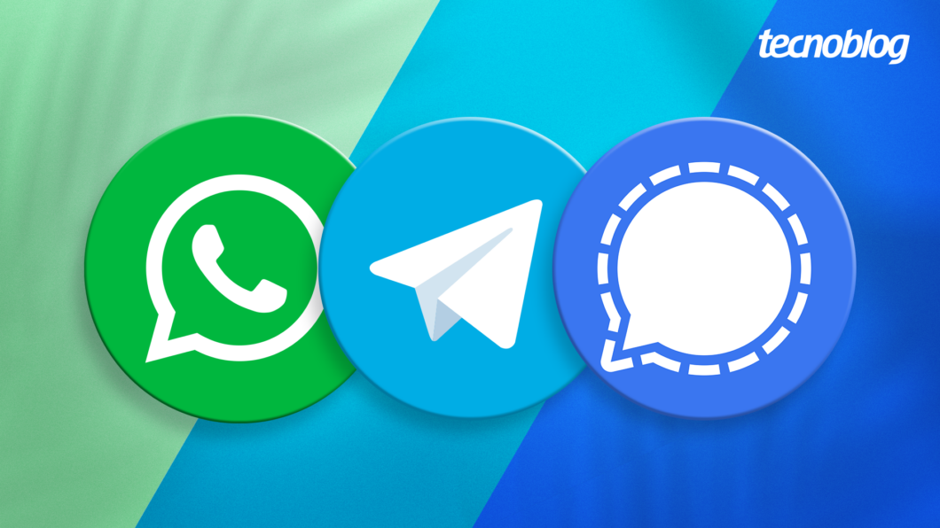 fundo azul com o logo do whatsapp, telegram e signal nesta sequência