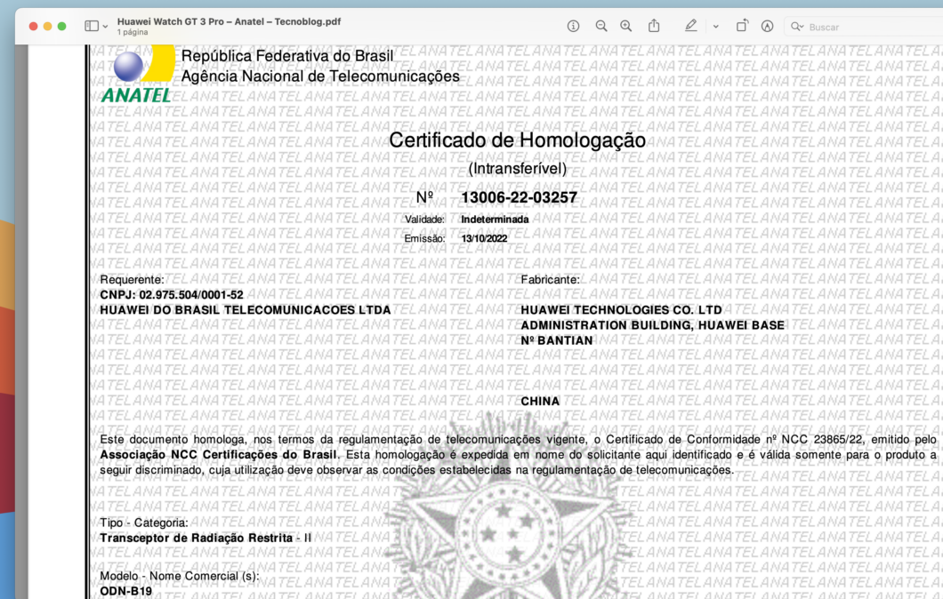 Certificado de homologação do Huawei Watch GT 3 Pro (Imagem: Reprodução/Tecnoblog)