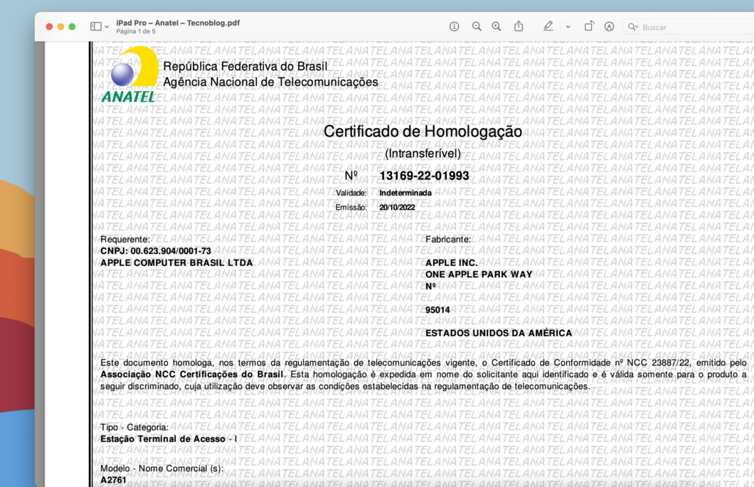 Certificado de homologação do iPad Pro (Imagem: Reprodução/Tecnoblog)