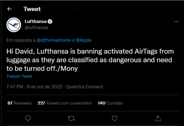 Tuíte da Lufthansa confirma o banimento (Imagem: Reprodução / Twitter)