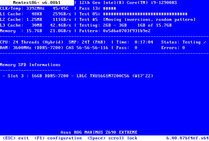 Memtest86+ testando memória DDR5 (imagem: divulgação/Memtest86+)