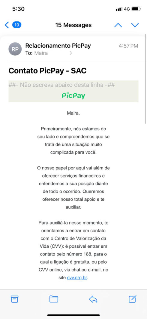 E-mail enviado pelo PicPay sugere procurar o CVV (Imagem: Arquivo Pessoal)