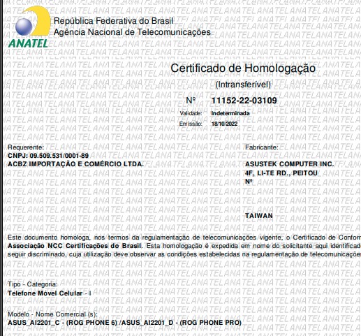 Certificado de homologação dos celulares ROG Phone 6 e ROG Phone 6 Pro (Imagem: Reprodução/Tecnoblog)