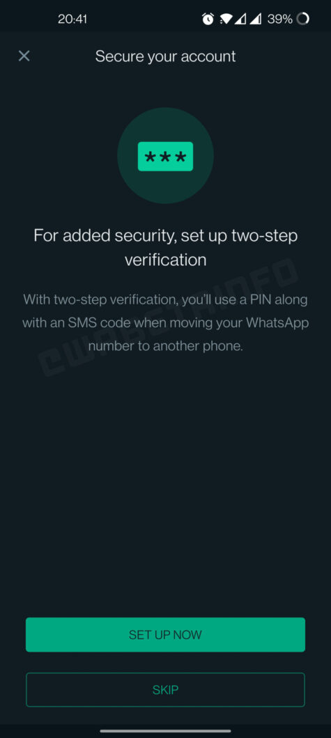 WhatsApp vai orientar o uso da verificação em duas etapas (Imagem: Reprodução/WABetaInfo)