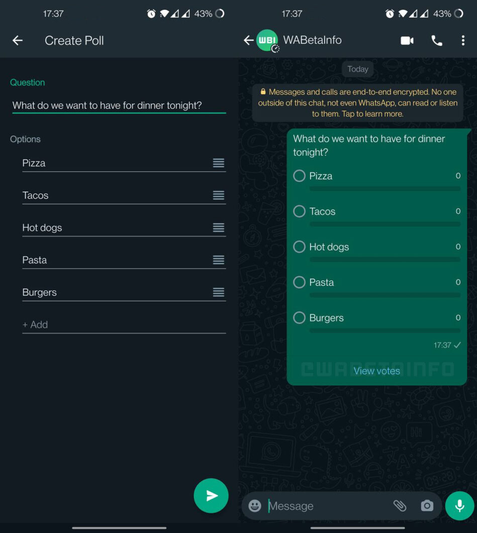 WhatsApp testa enquetes em chats individuais no app para Android (Imagem: Reprodução/WABetaInfo)