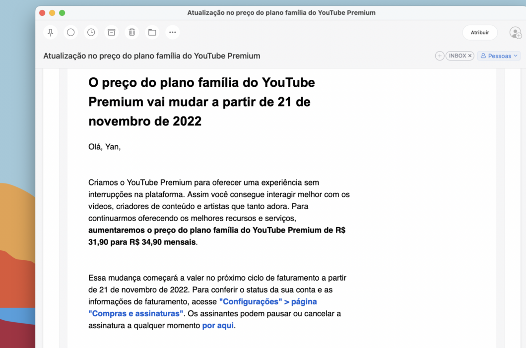 Paguei pela assinatura do YT premium, o valor foi debitado,mas não