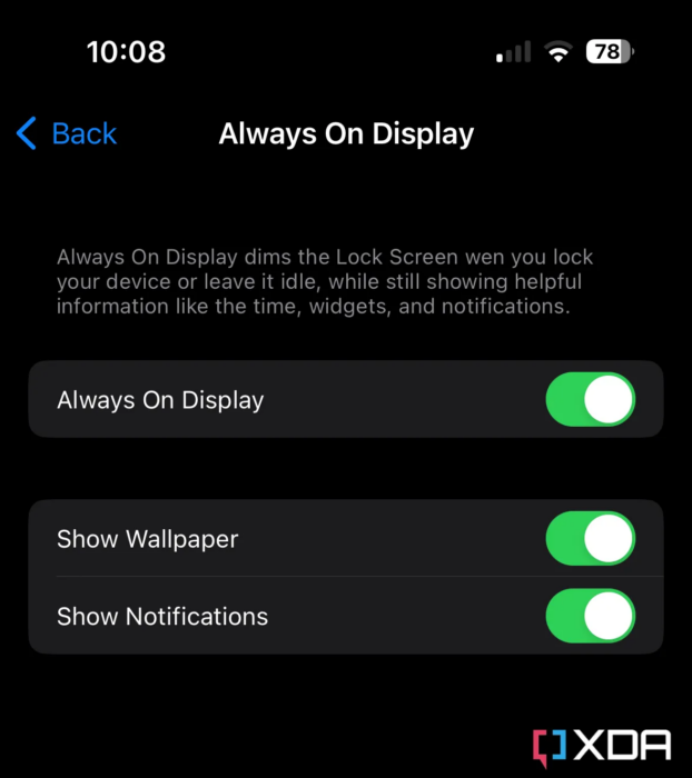 Always On Display on iPhone 14 Pro (Image: Reproduction / XDA Developers)