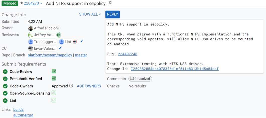 Google atualiza código do Android para oferecer suporte ao NTFS (Imagem: Reprodução/Mishaal Rahman/Mastodon)