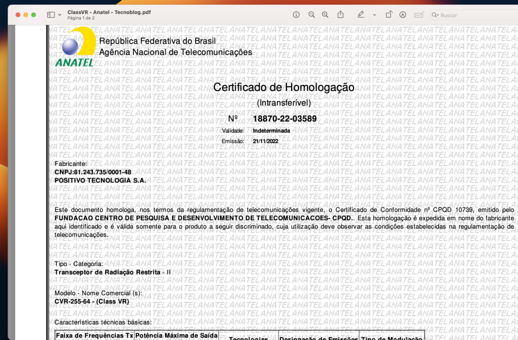 Certificado de homologação do ClassVR (Imagem: Reprodução/Tecnoblog)