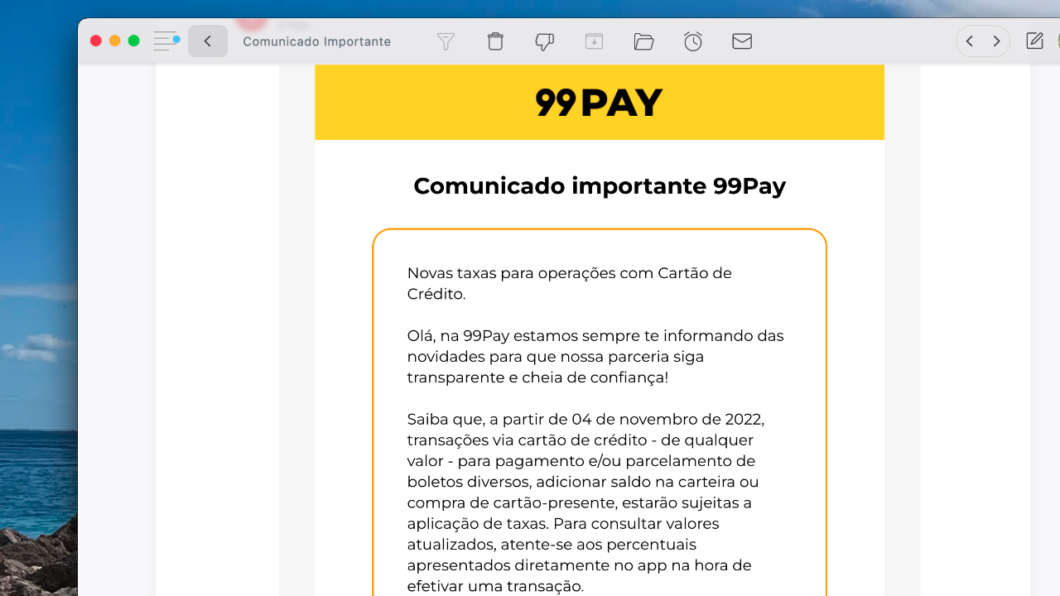 Comunicado da 99Pay informa fim do limite gratuito para transações