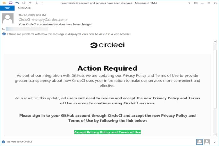 Email falso em nome da CircleCI (imagem: BleepingComputer)