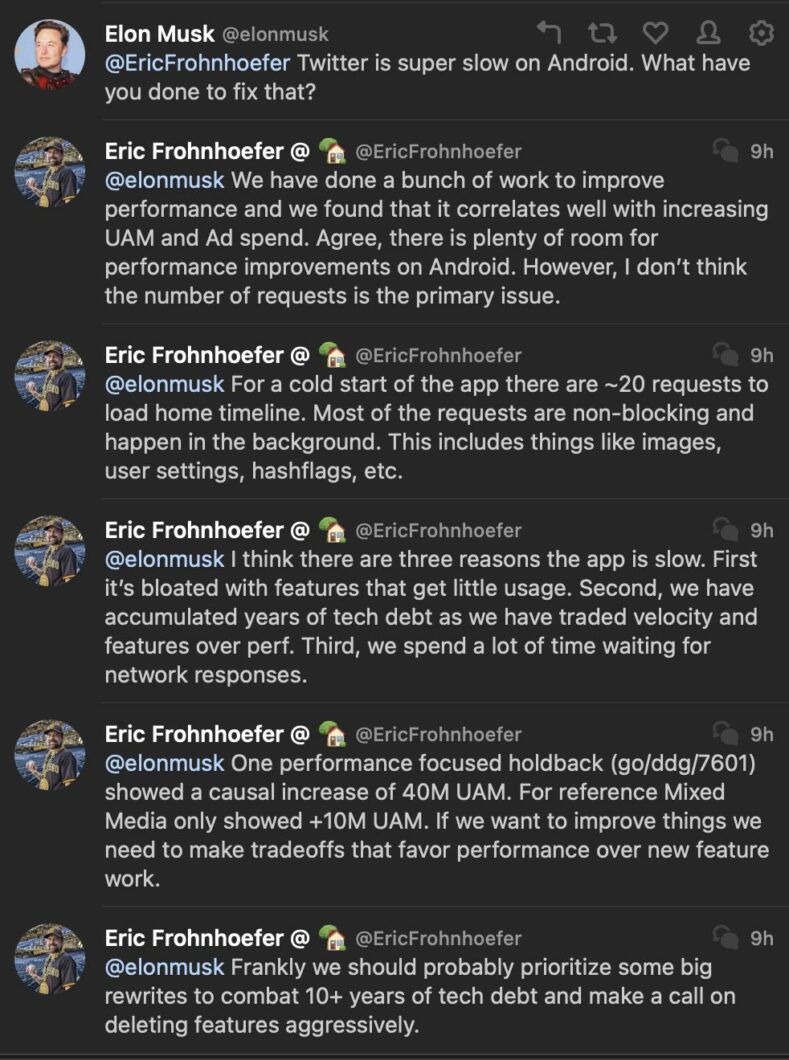 Eric Frohnhoefer explica para Musk as melhorias que devem ser feitas no Twitter (Imagem: Reprodução/@FactsChaser)