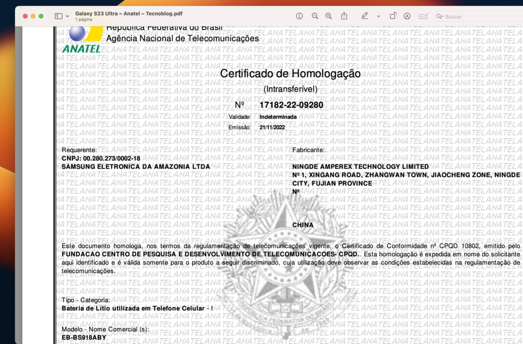 Certificado de homologação do Galaxy S23 (Imagem: Reprodução/Tecnoblog)