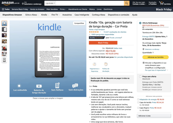 Kindle de 10ª geração sai por R$ 319 em oferta relâmpago (Imagem: Divulgação/Amazon)