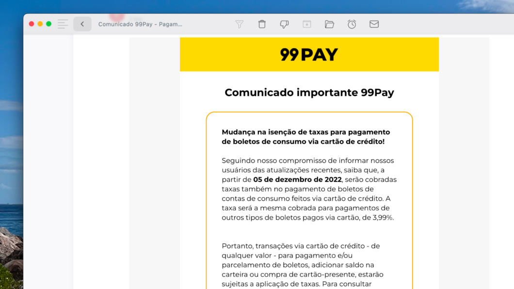 E-mail enviado pelo 99Pay informando sobre taxas para boletos de consumo