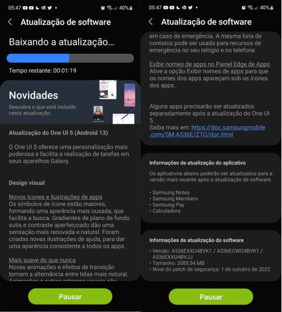 Galaxy A53 recebe Android 13 com One UI 5 (Imagem: Reprodução/Samsung Members)