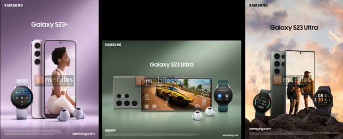 Imagens promocionais do Galaxy S23 Plus e do S23 Ultra (Imagem: Reprodução/91 Mobiles)