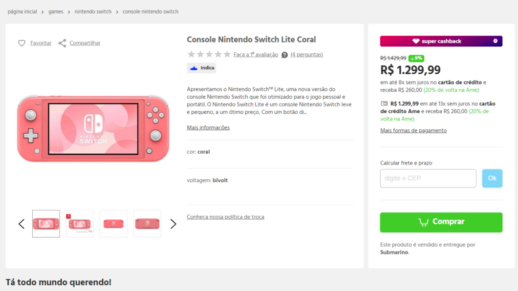 Nintendo Switch Lite on offer with cashback