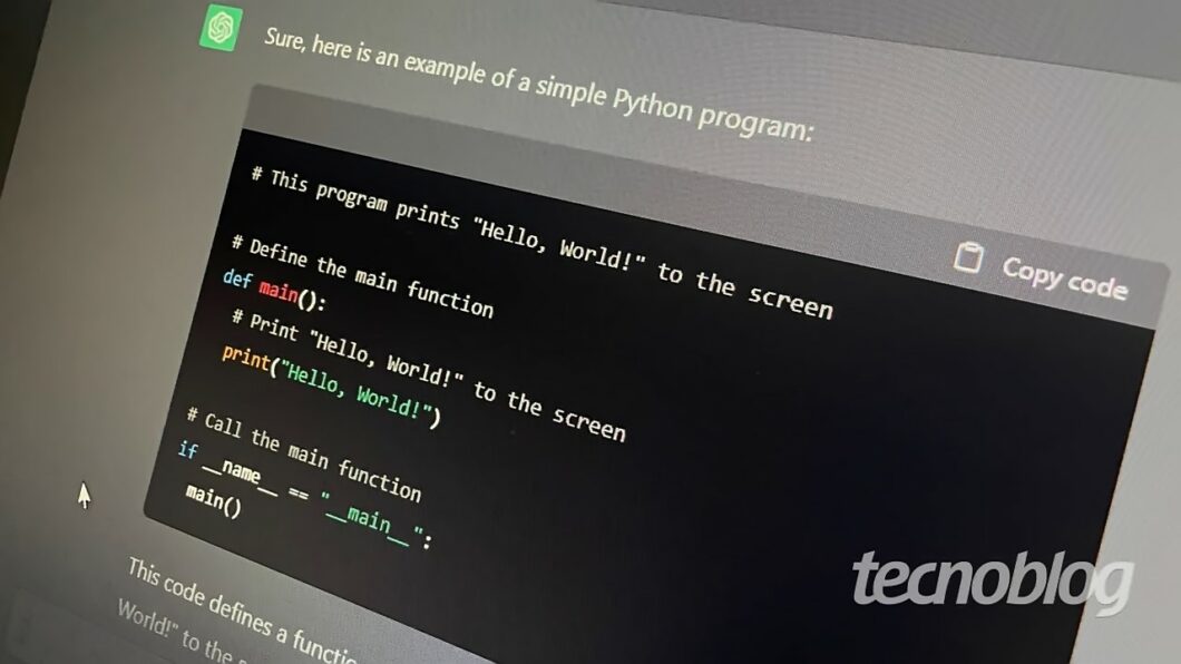 Código em Python escrito pelo ChatGPT (imagem: Emerson Alecrim/Tecnoblog)