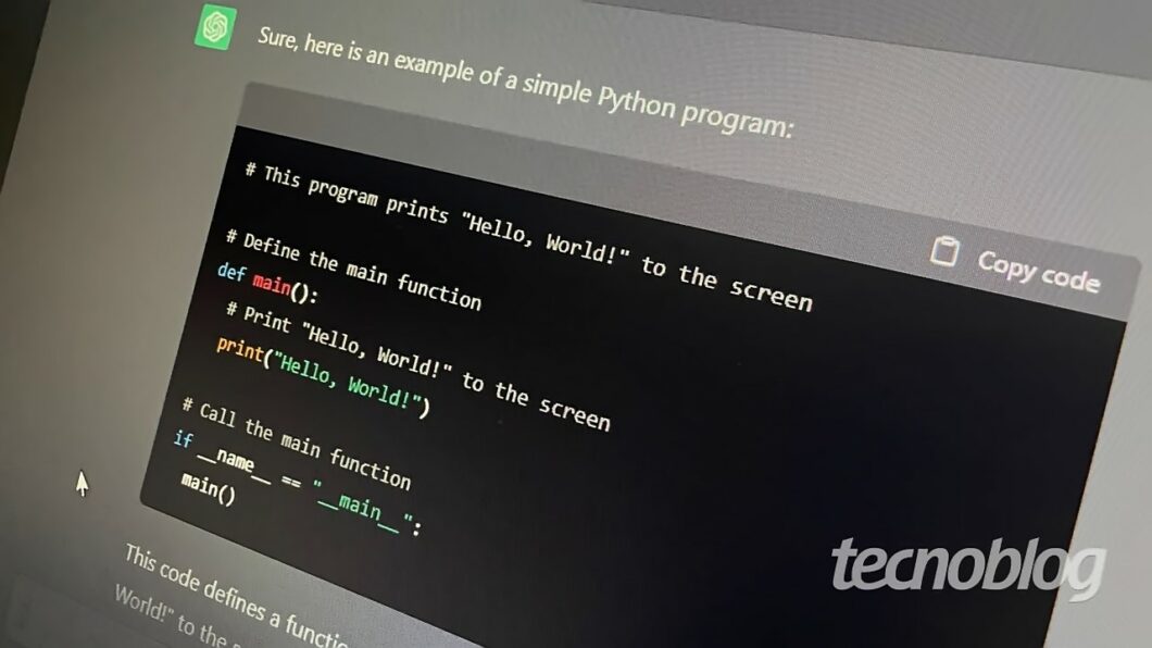 Código em Python escrito pelo ChatGPT exibido na tela.