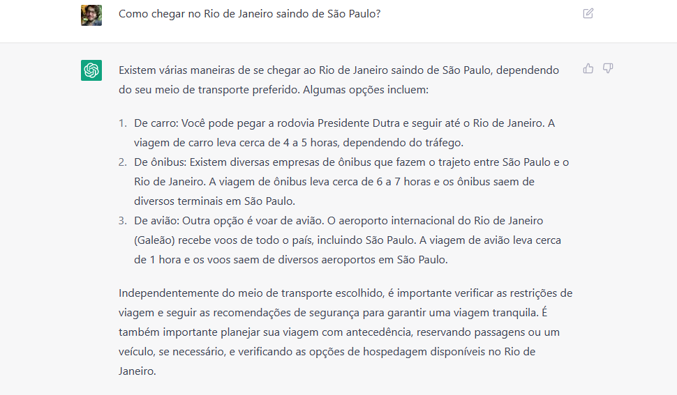 ChatGPT explica como ir de São Paulo ao Rio de Janeiro (Imagem: Reprodução/Tecnoblog)