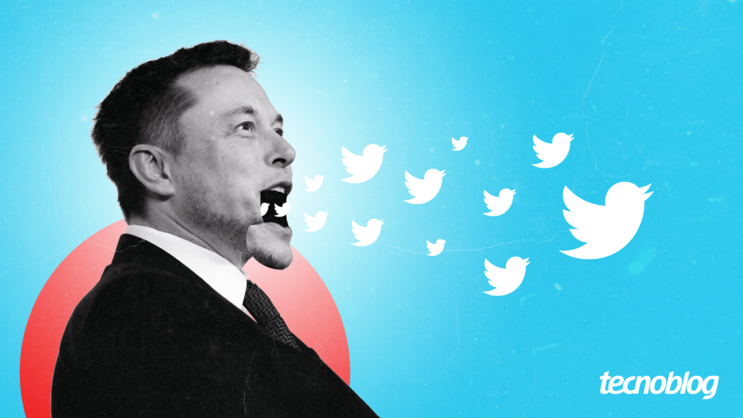 Elon Musk with open mouth, from which Twitter birds come out