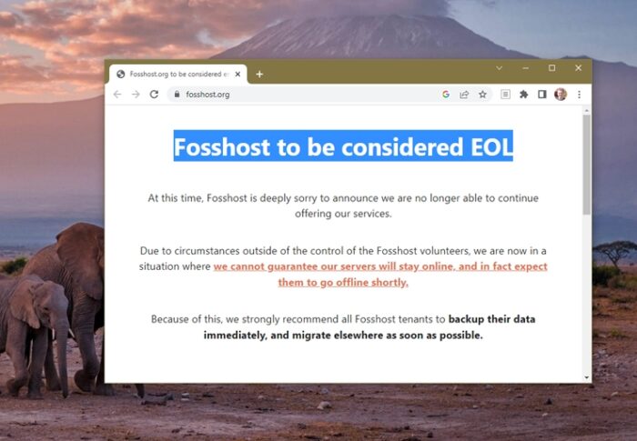 Aviso de encerramento no site do Fosshost (imagem: Emerson Alecrim/Tecnoblog)