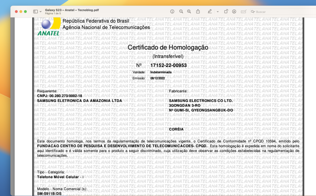 Galaxy S23 é homologado pela Anatel (Imagem: Reprodução/Tecnoblog)
