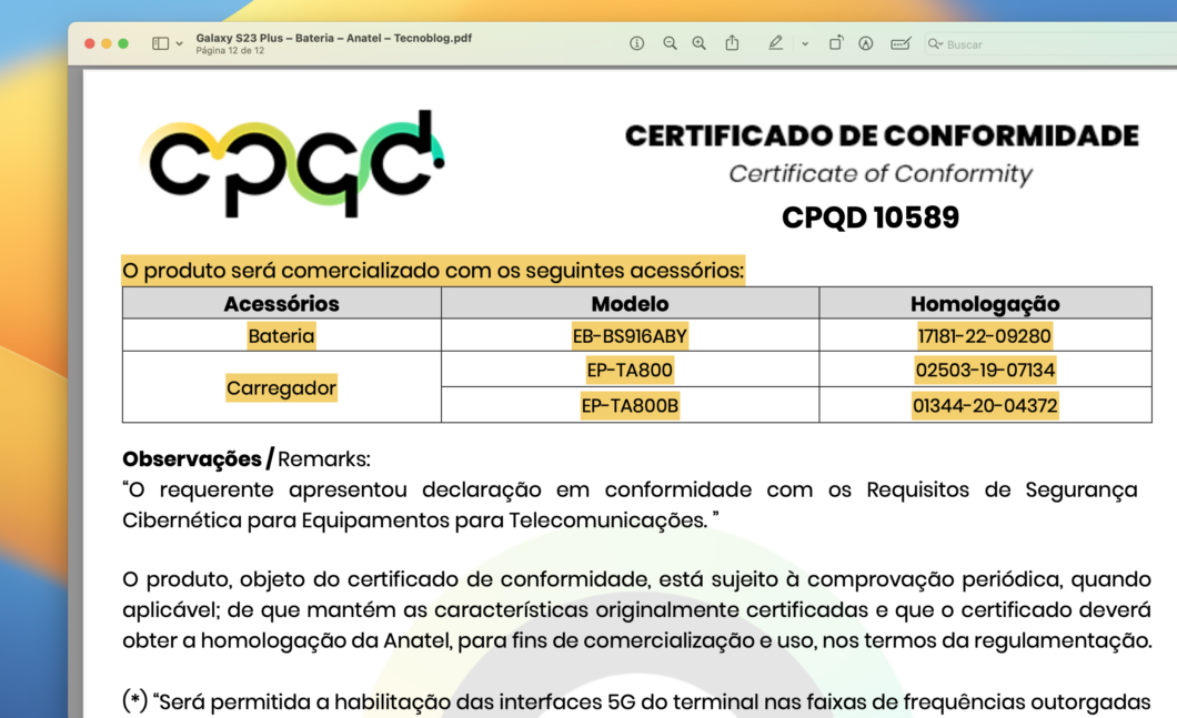 Galaxy S23+ vai trazer carregador na caixa, segundo Anatel (Imagem: Reprodução/Tecnoblog)