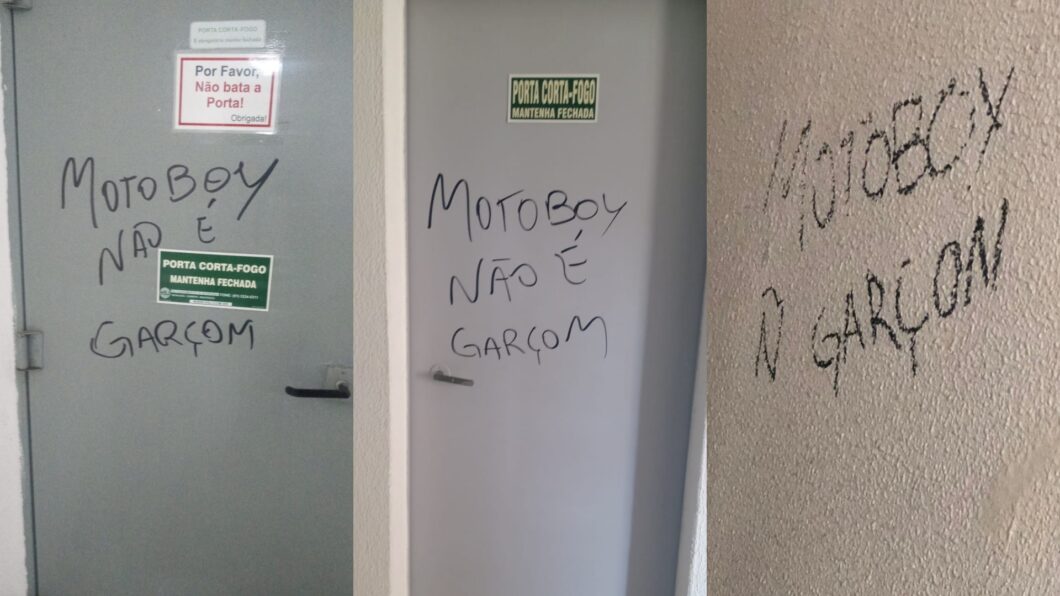 Frase "Motoboy não é garçom" em duas portas e uma parede