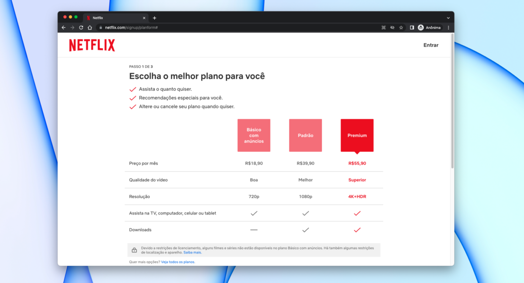 Tela de assinatura da Netflix mostra planos Básico com anúncios, Padrão e Premium
